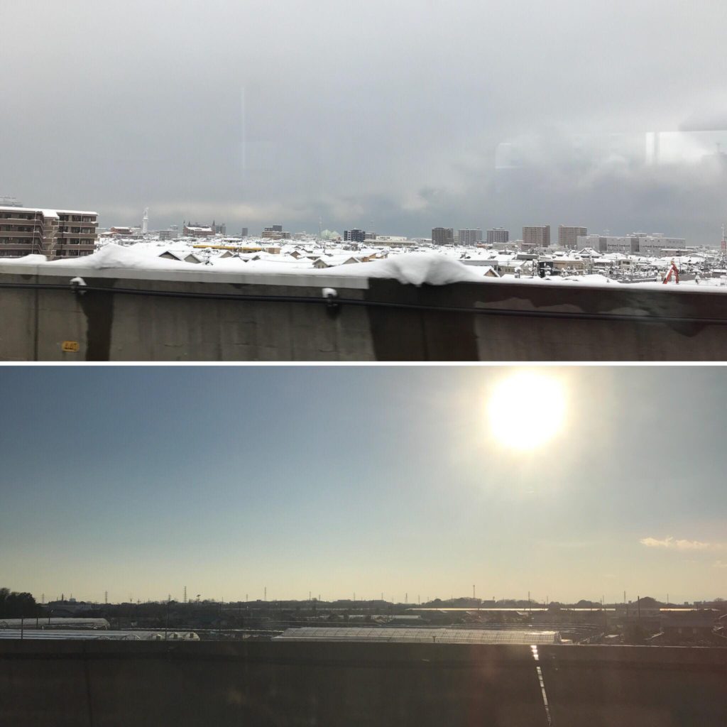 新幹線の車窓から見た、新潟と関東の天気の差。