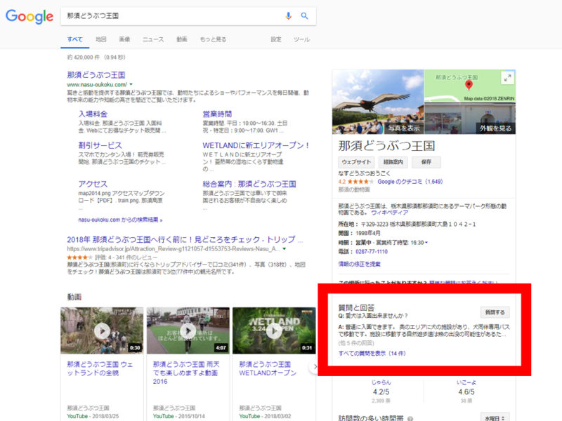 那須どうぶつ王国を検索した際に表示される情報