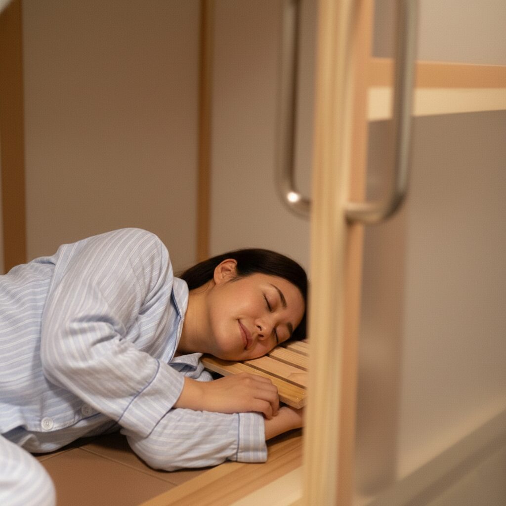 パジャマ姿で陶板浴に入っている女性